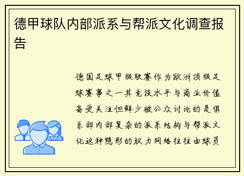 德甲球队内部派系与帮派文化调查报告