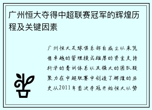 广州恒大夺得中超联赛冠军的辉煌历程及关键因素